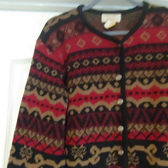 Tally Ho Fair Isle Black/Gold/Redtones Button Cardigan L-Sleeve S - Picture 3 of 10